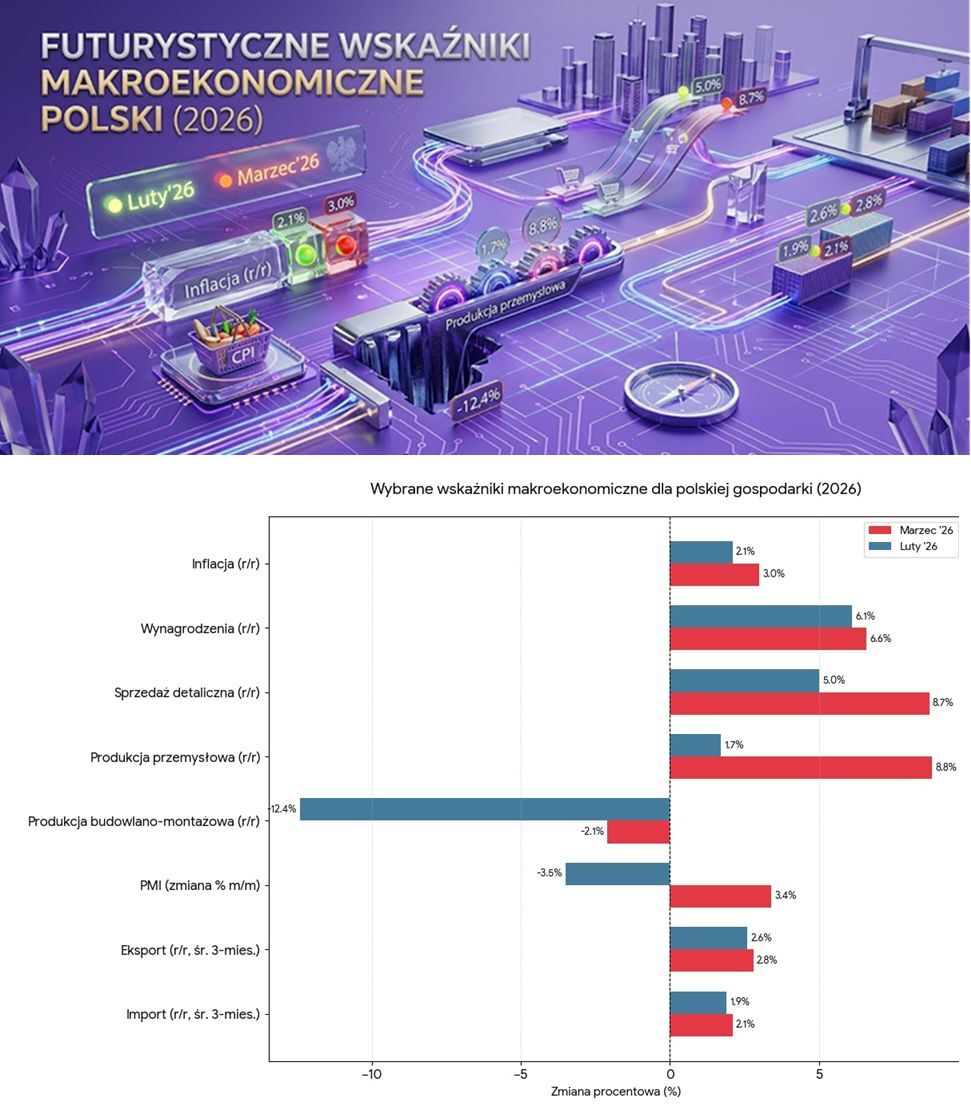 Wykres przedstawiający wybrane wskaźniki makroekonomiczne dla polskiej gospodarki w tym spadek produkcji budowlano-montażowej w I kwartale 2026 roku.