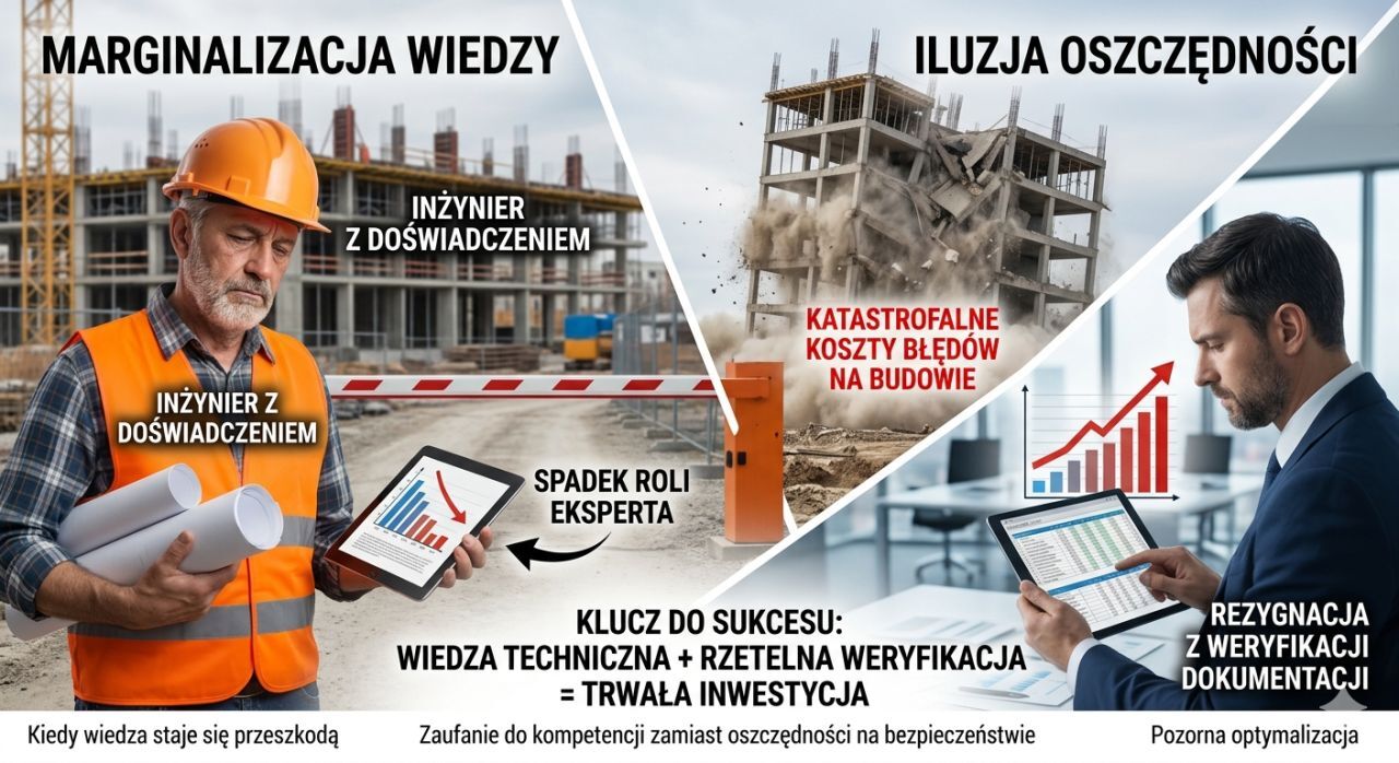 Grafika ukazująca marginalizację wiedzy inżynierskiej na rzecz pozornych oszczędności, co prowadzi do katastrofy na budowie z powodu braku weryfikacji dokumentacji projektowej.