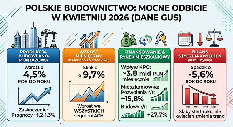 Infografika przedstawiająca kwietniowe dane GUS budownictwo 2026, w tym skok produkcji budowlano-montażowej o 4,5% dzięki środkom KPO