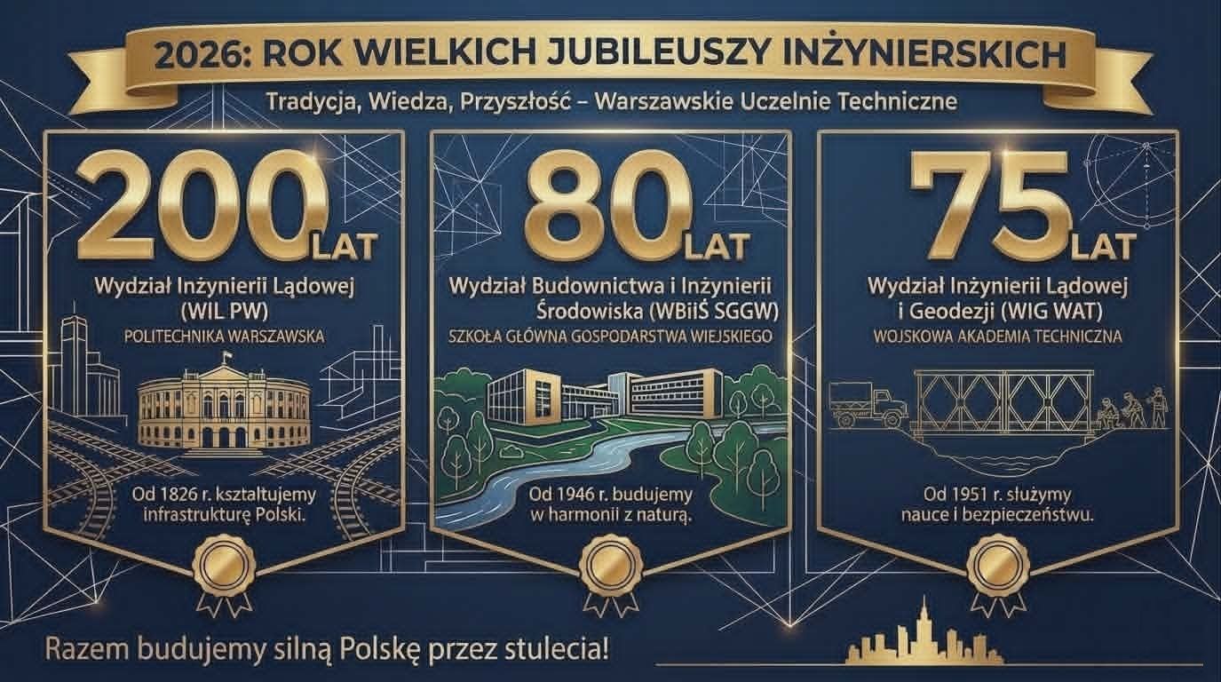 Infografika prezentująca wielkie jubileusze inżynierskie w 2026 roku na trzech uczelniach w Warszawie: 200 lat WIL PW, 80 lat WBiIŚ SGGW oraz 75 lat WIG WAT.